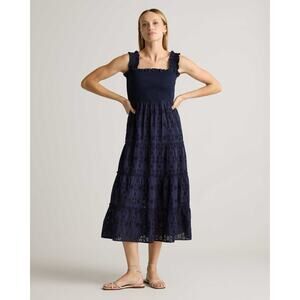 Quince 100% Organic Cotton Eyelet Smocked Midi Dress Navy Blue XL